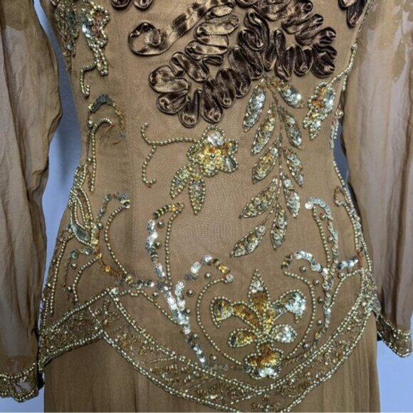 Isabella Vintage Silk Golden Sequin Beaded Embellished Evening Gown - Picture 9 of 16